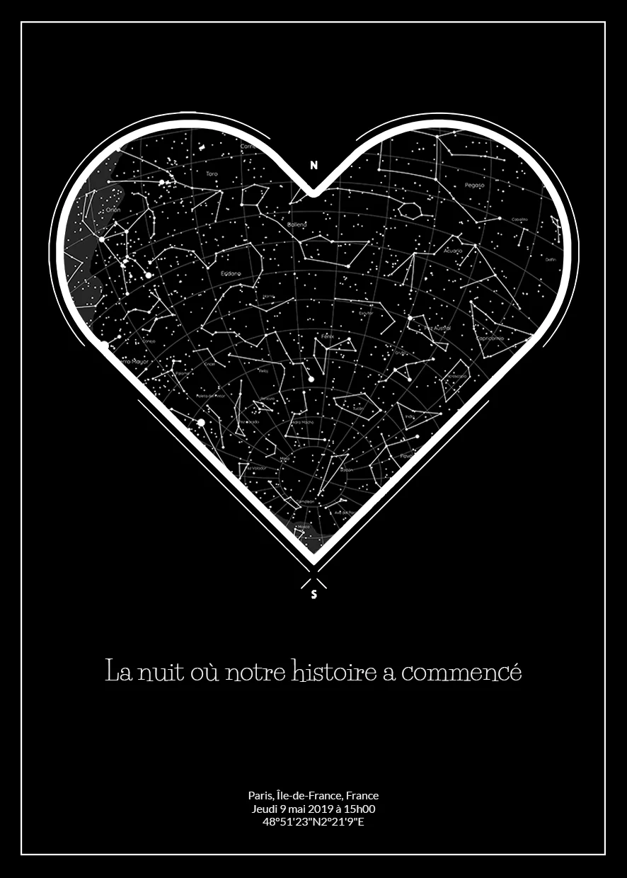 Modèle de carte stellaire Cœur : constellation dessinée en forme de cœur