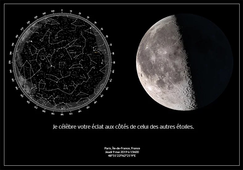 Modèle de carte stellaire Étoiles + Lune : l'alignement des étoiles et la phase lunaire d'un même instant